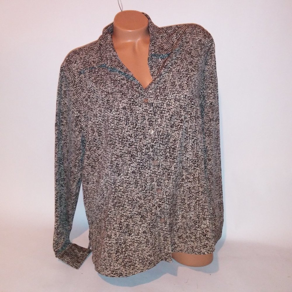 Apparenza Blouse 1X Black Tan Button Up Long Sleeve Collared Pit to Pit 23.5" Le